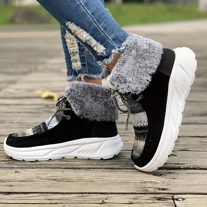 Women's Fleece Lining Snow Boots, Round Toe Lace Up High Top Flatform Boots, Winter Warm Outdoor Ankle Boots