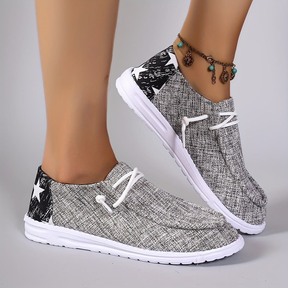 Women's Star Pattern Canvas Shoes, Casual Lace Up Outdoor Shoes, Lightweight Low Top Sneakers